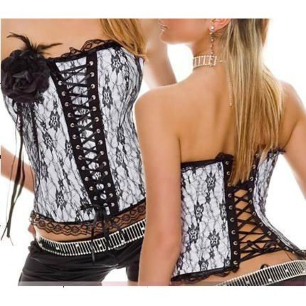 White with Black Lace Overlay Corset Set - NEW